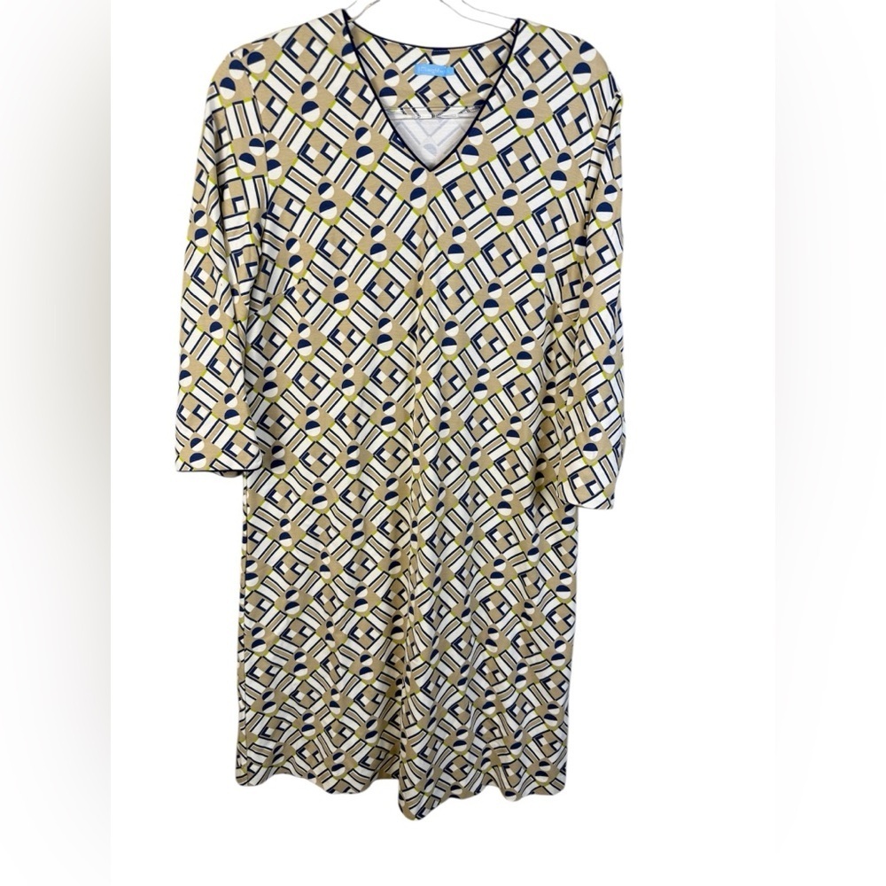 J. McLaughlin Beige and Navy Geometric Dress large